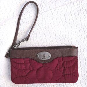 FOSSIL Wine Quilted Leather Nylon Key-Per Wallet Wristlet Wallet